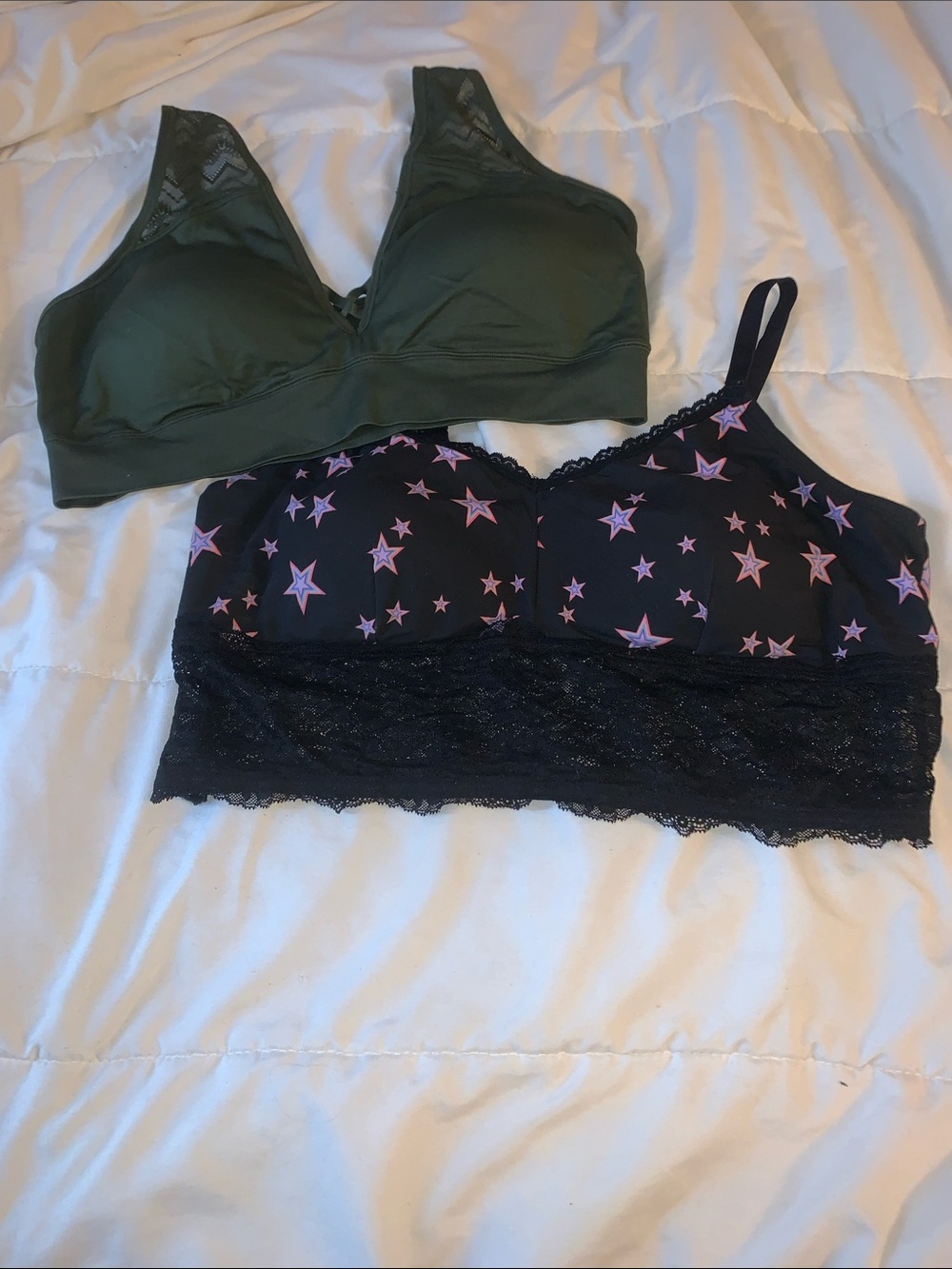 torrid Black Bralette with Pink Star Print & Olive Green Wireless Bralette Duo 3
